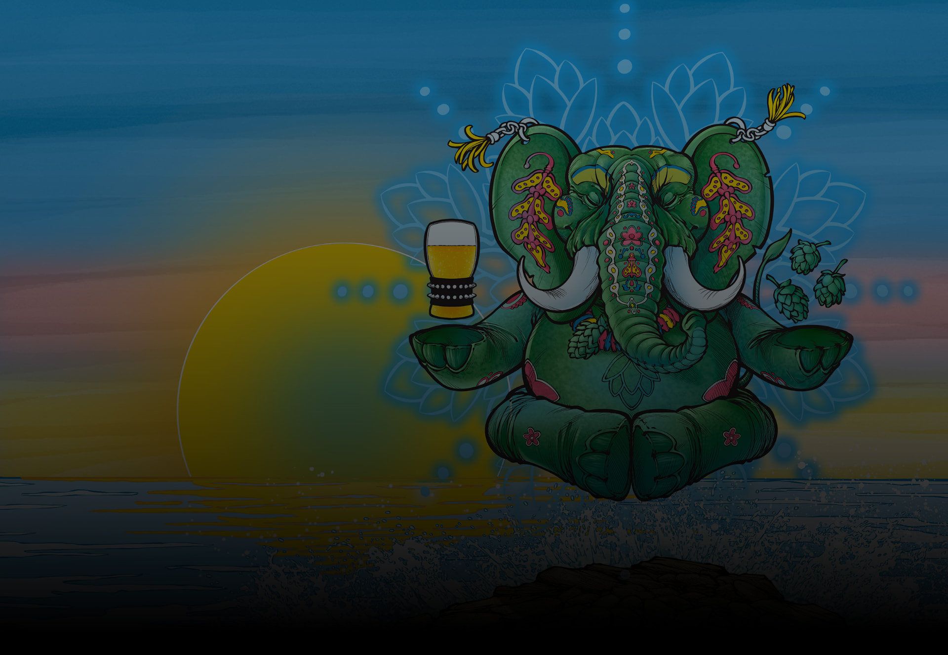 Elefante verde em meditação com copo de cerveja e ramos de lúpulo ao pôr do sol