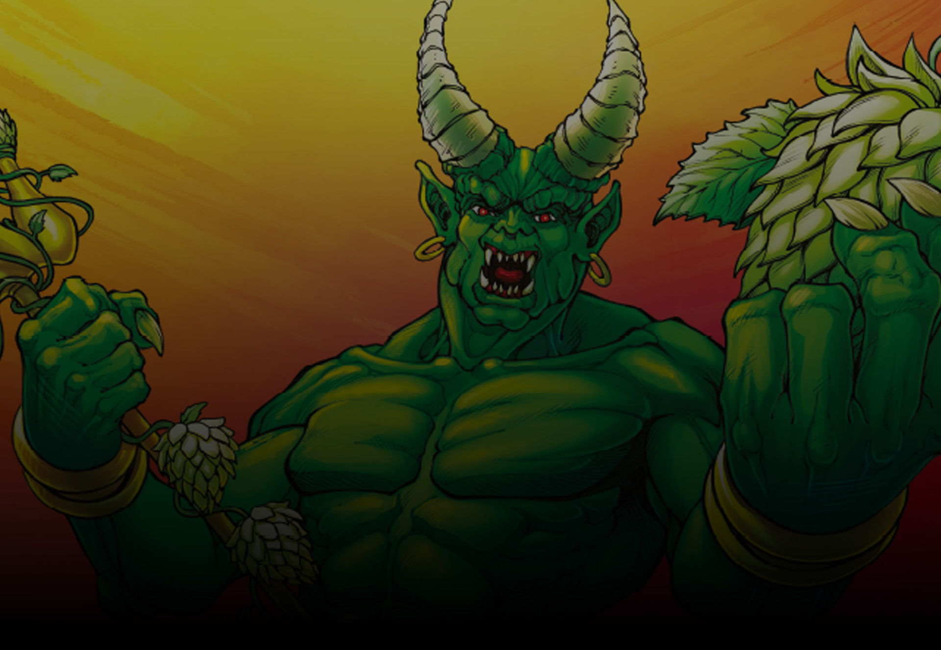 Arte do Imperial IPA: demônio verde de chifres oferecendo um cacho de lúpulos ao pôr do sol