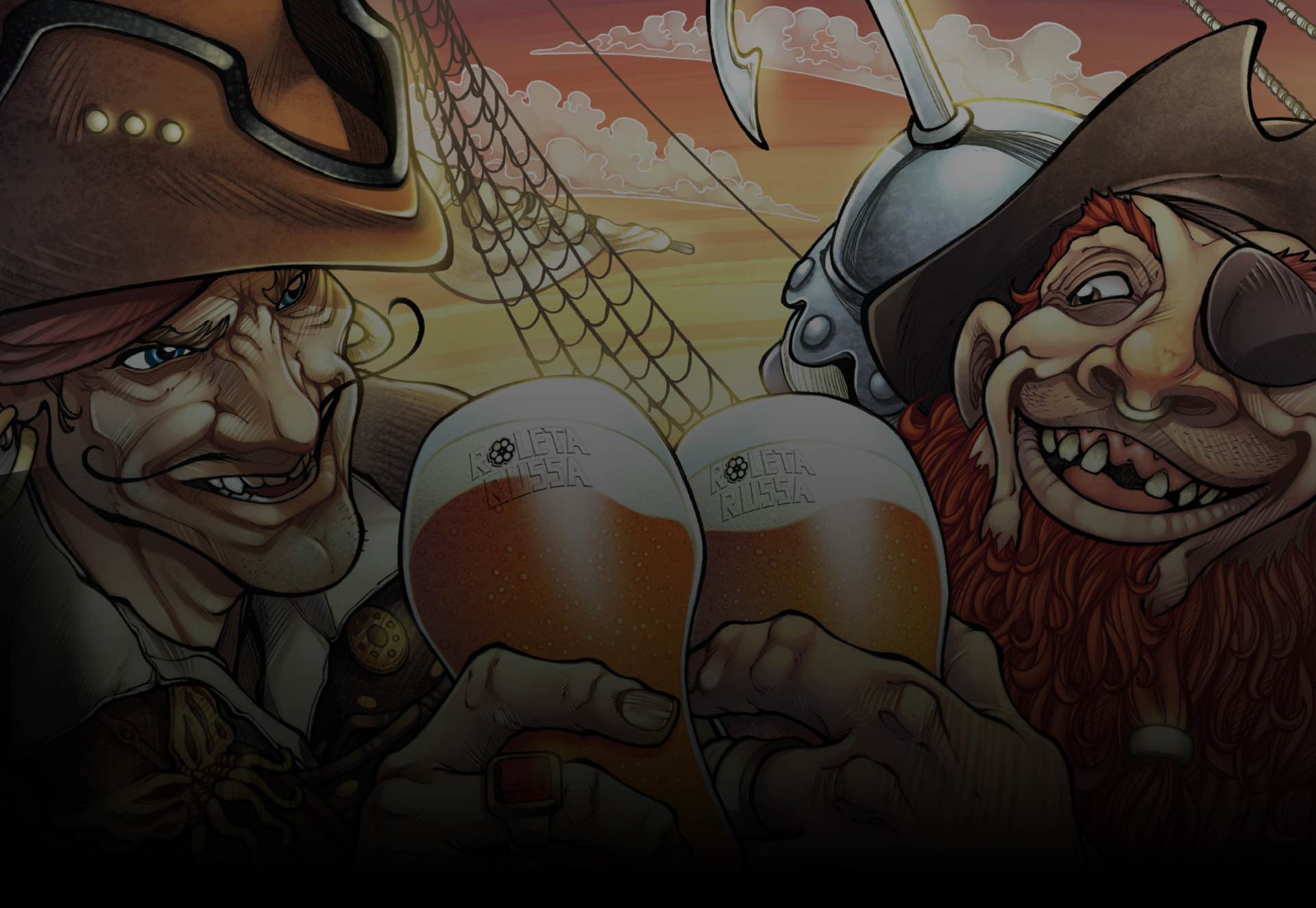 Dois piratas brindando taças de cerveja dourada ao pôr do sol na coberta do navio